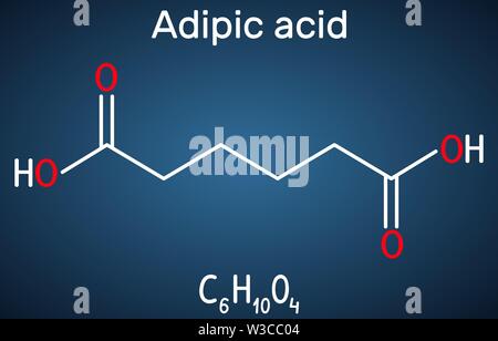 Acido adipico o esanodioico, acido dicarbossilico molecola. Si tratta di additivo alimentare E355, è anche utilizzato come precursore per la produzione di nylon. Ch strutturali Illustrazione Vettoriale