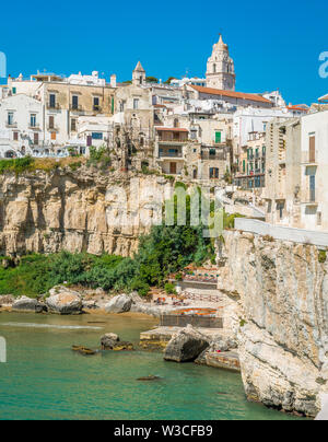 La bella Vieste su una soleggiata giornata estiva. Il Gargano, Puglia), il sud dell'Italia. Foto Stock