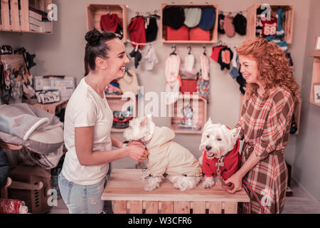 Gli amici di ridere. Allegro happy amici ridere mentre prendendo su capi di abbigliamento loro simpatici cani Foto Stock