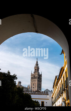 Una vista della Giralda, la torre campanaria del Sevilla, Cattedrale e gli unici resti del minareto della Grande Moschea di Siviglia, Spagna Foto Stock