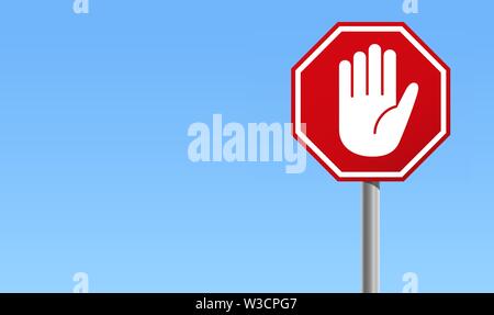 Semplice segnale di stop rosso con simbolo della mano grande e blu illustrazione vettoriale di sfondo Illustrazione Vettoriale