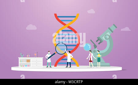 La scienza del dna il concetto di analisi con il team medico scienziato e grande di DNA con moderno stile piatto - illustrazione vettoriale Foto Stock
