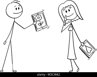 Vector cartoon stick figura disegno illustrazione concettuale del giovane di un uomo e di una donna su data, uomo os dando il suo fiore sul dispositivo mobile, tablet o telefono cellulare. Illustrazione Vettoriale