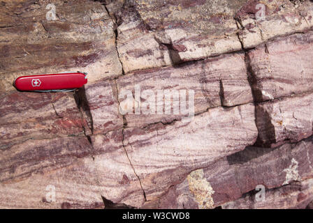 Cross-bedded Precambrian pietra arenaria (quarzite) della formazione Grinnell, parte del supergruppo della cinghia nel nord del Montana (USA). Foto Stock