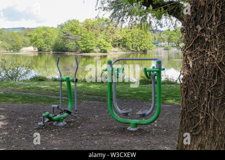 All'esterno due macchine per il fitness in un parco pubblico, parte di Belfast City Council circuito fitness accanto al lago nel Victoria Park di Belfast. Foto Stock
