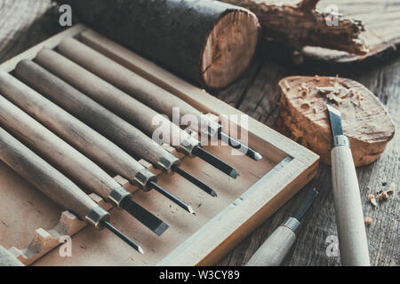Macchine per la lavorazione del legno utensili per la scultura in legno e alberi tagli sulla tavola di legno. Foto Stock