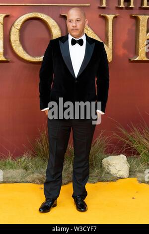 Londra, Regno Unito. Il 14 luglio 2019. Vin Diesel assiste IL RE LEONE Premiere europeo a Leicester Square. Londra, Regno Unito. 14/07/2019 | Utilizzo di credito in tutto il mondo: dpa picture alliance/Alamy Live News Foto Stock