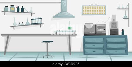 Laboratorio Scientifico. Attrezzature mediche. Scienziato di condurre un esperimento. Bruciatore, tubo di prova, pallone, reagenti chimici. Vettore di piana cartoon illustr Illustrazione Vettoriale