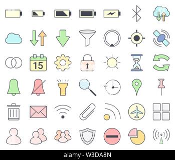 I telefoni cellulari e smartphone di interfaccia icona di contorno impostato, il riempimento con colori pastello - vpn, hotspot, gps, Impostazioni calendario, cella Illustrazione Vettoriale