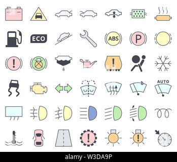 Auto interfaccia dashboard e indicatori icon set, riempimento con colori pastello - manutenzione di servizio i simboli vettoriali Illustrazione Vettoriale