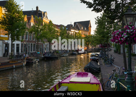 Leiden, Olanda - Giugno 26, 2019: Case, barche e biciclette a Oude Rijn canal di sera Foto Stock