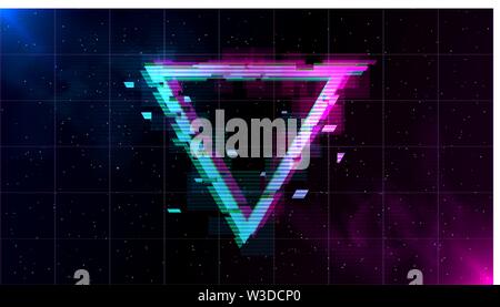Vaporwave Synthwave Retrowave Glitch triangolo con blu e rosa si illumina con fumo e particelle sulla griglia di laser di sfondo spazio. Design per poster Illustrazione Vettoriale