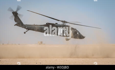 Un U.S. Esercito UH-60 Blackhawk elicottero rende un atterraggio durante una evacuazione medica lo scenario di addestramento a Camp Buehring, Kuwait, 12 luglio, 2019. Avieri con il 386Expeditionary Medical Group da Ali Al Salem Air Base, Kuwait, addestrati con Tactical Air parte di controllo (TACP) aviatori assegnati alla 820th aria Expeditionary supportano operazioni squadrone, a diventare più efficienti nel trattamento di lesioni e coordinare gli sforzi medevac per numero di vittime. (U.S. Air Force foto di Tech. Sgt. Daniel Martinez) Foto Stock