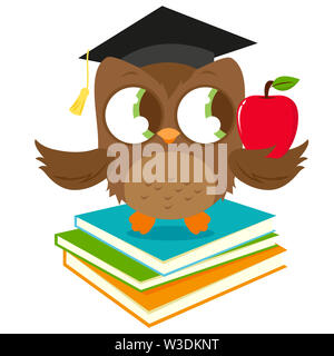 Illustrazione di un simpatico gufo indossando un cappello mortarboard, seduto su una pila di libri e tenendo una mela rossa Foto Stock