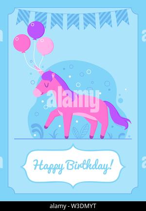 Colorato biglietto di auguri di compleanno felice unicorn in piedi con palloncini Illustrazione Vettoriale