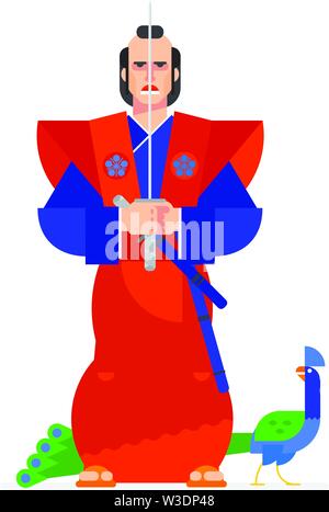 Samurai, dipinta in un cartone animato di tipo piatto. Illustrazione di un guerriero Giapponese e peacock carattere. Immagine è isolato su sfondo bianco. Illustrazione Vettoriale
