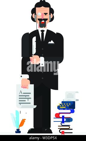 Scrittore-poeta nello stile del fumetto. Oggetto isolato su sfondo bianco. Illustrazione Vettoriale. Appartamento illustrazione vettoriale. Progettazione di caratteri. Illustrazione Vettoriale