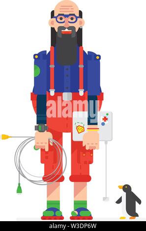 Un programmatore, un hacker disegnato in un cartone animato di tipo piatto. Illustrazione del carattere degli hacker. Immagine è isolato su sfondo bianco. Carattere de Illustrazione Vettoriale