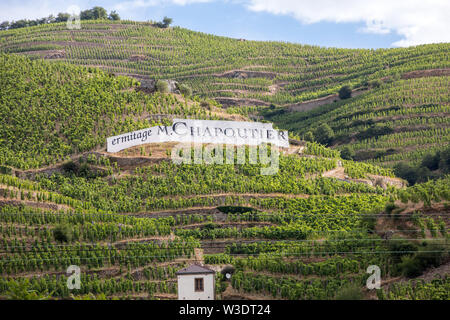 Tain l'Hermitage, Francia - 28 Giugno 2017: vista del M. Chapoutier Crozes-Hermitage vigneti a Tain l'Hermitage, la valle del Rodano, Francia Foto Stock