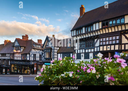 La storica casa a graticcio di Henry Tudor su Wyle Cop dietro una colorata esposizione floreale a Shrewsbury, Shropshire, Regno Unito Foto Stock