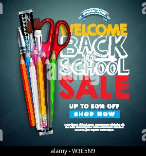 Si torna a scuola vendita Design con matita colorata, spazzola e il testo scritto con un gessetto sulla lavagna sfondo. Illustrazione Vettoriale con offerte speciali Illustrazione Vettoriale