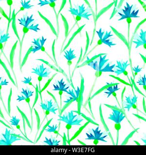 Blu floreale cornflowers seamless pattern vettore ad acquerello Illustrazione Vettoriale