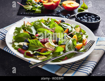 Insalata con fresche foglie di bietole, pesche, mirtilli, pezzi di Formaggi a Muffa Blu servito su una piastra bianca su una tabella di calcestruzzo con ingredienti, orizzontale Foto Stock