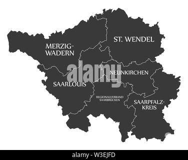 Mappa moderno - Saarland mappa della Germania con le contee e le etichette di nero Foto Stock