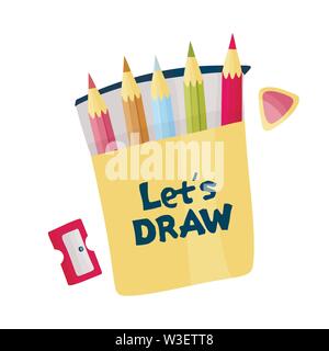 Consente di disegnare. Matite di vettore, temperino e gomma. Illustrazione Vettoriale