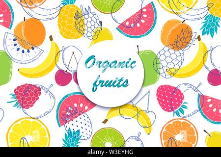 Card con colorati disegnati a mano frutti su sfondo bianco Illustrazione Vettoriale