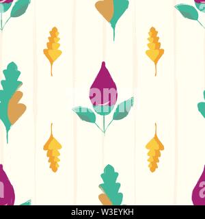 Moderno disegnato a mano viola boccioli di fiori e foglie multicolore. Vettore di Seamless pattern su sottili strisce grunge background. Ottimo per il benessere e la bellezza Illustrazione Vettoriale