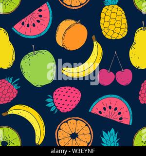Modello senza cuciture con frutti colorati su sfondo nero Illustrazione Vettoriale