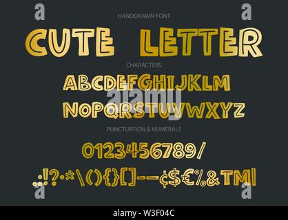 Disegnata a mano vector alfabeto con lettere, numeri e simboli. Illustrazione Vettoriale