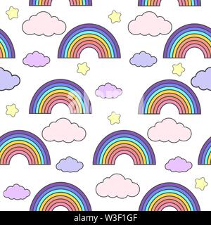 Rainbow pattern perfetta illustrazione vettoriale con molti graziosi arcobaleni e nubi su sfondo bianco Illustrazione Vettoriale