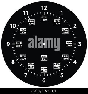 24 ore di tempo di militari e Standard Time Clock Combo, nero, modello isolato illustrazione vettoriale Illustrazione Vettoriale