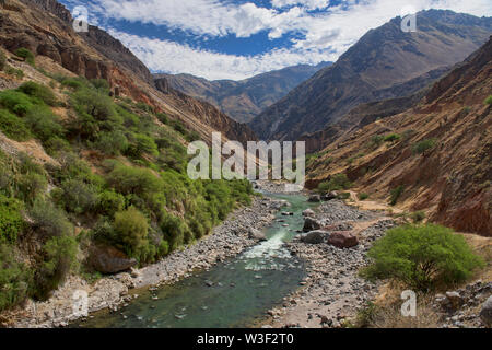 Il Fiume Colca che corre attraverso il Grande Canyon del Colca, Perù Foto Stock