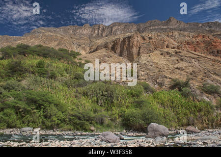 Il Fiume Colca che corre attraverso il Grande Canyon del Colca, Perù Foto Stock