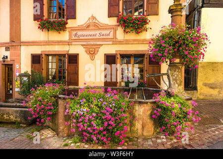 Vecchia scenic bene con esuberanti decorazioni floreali in Hunawihr, tipico per la strada dei vini di Alsazia, Francia, stati dei più bei villaggi di Francia Foto Stock