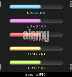 Barra di avanzamento e il caricamento di colori diversi file su uno sfondo scuro Illustrazione Vettoriale