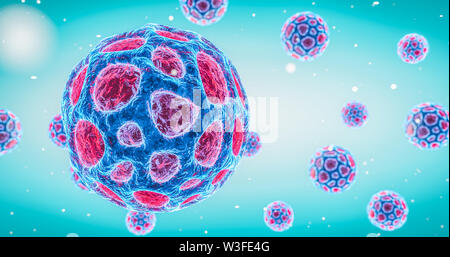 Virus liberamente flottante in mezzo cellulare infezione virale epidemia pandemia di influenza epatite da virus HIV virus colorati rendering 3D Foto Stock