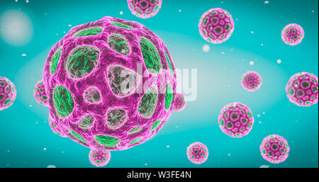 Virus liberamente flottante in mezzo cellulare infezione virale epidemia pandemia di influenza epatite da virus HIV virus colorati rendering 3D Foto Stock