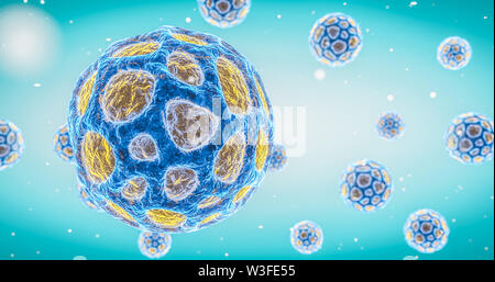 Virus liberamente flottante in mezzo cellulare infezione virale epidemia pandemia di influenza epatite da virus HIV virus colorati rendering 3D Foto Stock
