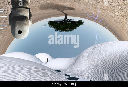 Astronauta sorge nella surreale deserto bianco. Green tree upside down. La figura di uomo in una distanza Foto Stock