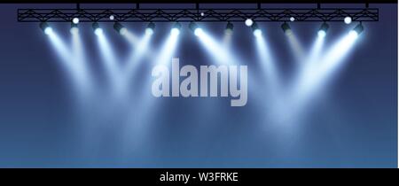 Stadio del vettore con la serie di faretti blu. Stadio di blu si accende. Illustrazione Vettoriale