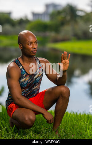 Immagine di un giovane atletico americano africano uomo squatting e agitando al di fuori della fotocamera. L'immagine illuminata con flash Foto Stock