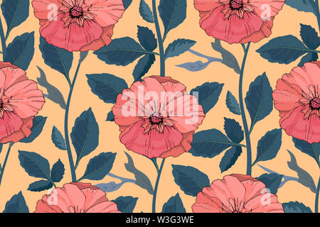 Arte floreale modello senza giunture. Bellissimi fiori d'estate. Coral color malva su luce sfondo arancione. Foto Stock