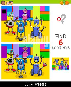 Illustrazione del fumetto di trovare 6 differenze tra le immagini del gioco educativo per i bambini con i robot personaggi di fantasia Illustrazione Vettoriale