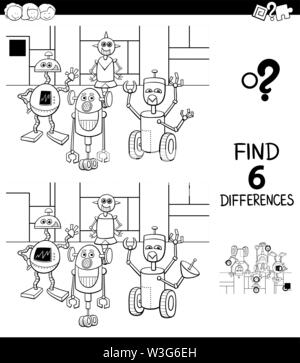 Bianco e Nero Cartoon illustrazione di trovare 6 differenze tra le immagini del gioco educativo per i bambini con i robot personaggi di fantasia la colorazione Illustrazione Vettoriale