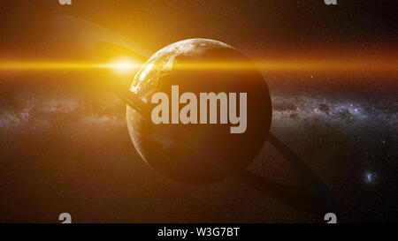 La Terra come pianeta alieno con un sistema ad anello illuminato da una lontana sun Foto Stock