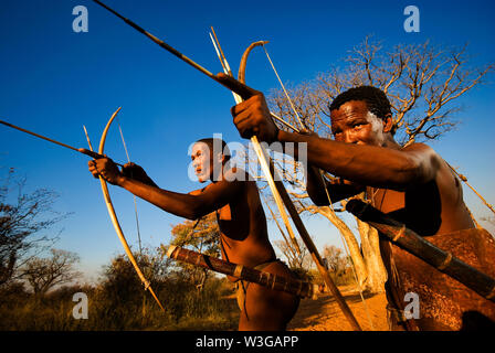 Cacciatori boscimani con arco e frecce che simula una battuta di caccia a Grashoek, Namibia Foto Stock